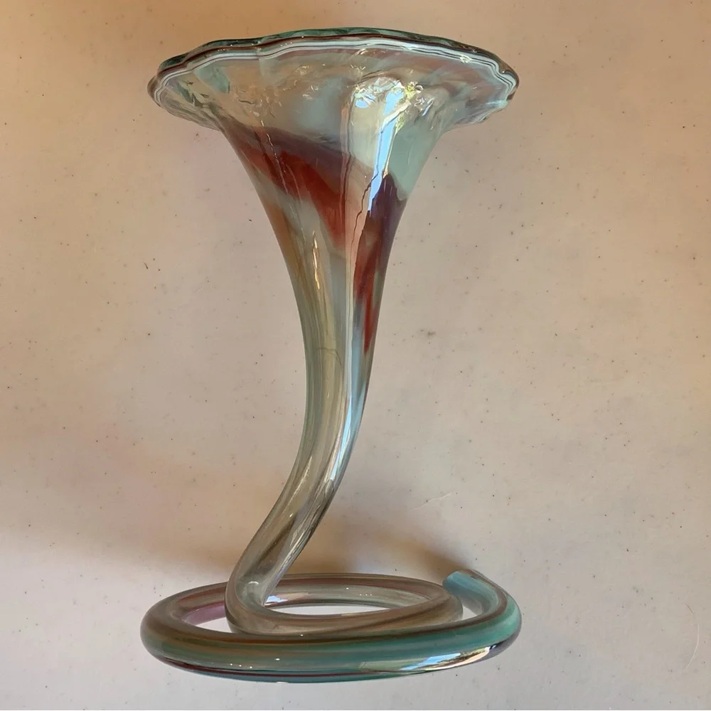 Trumpet Hand Blown Art Glass Vase With Swirl Circle Base - Picture 2 of 7